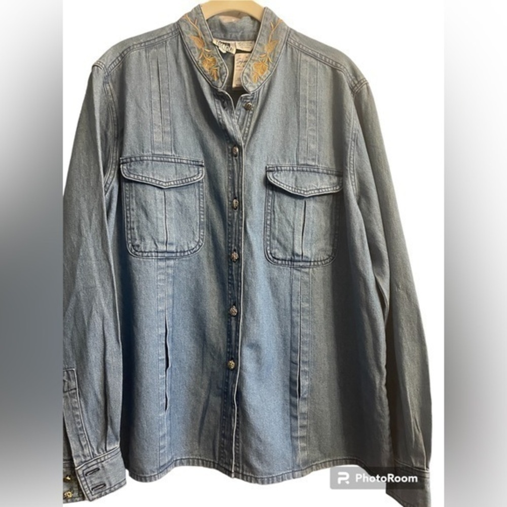 Vintage Together! Embroidered Denim Button Front Shirt Jacket Western Boho L